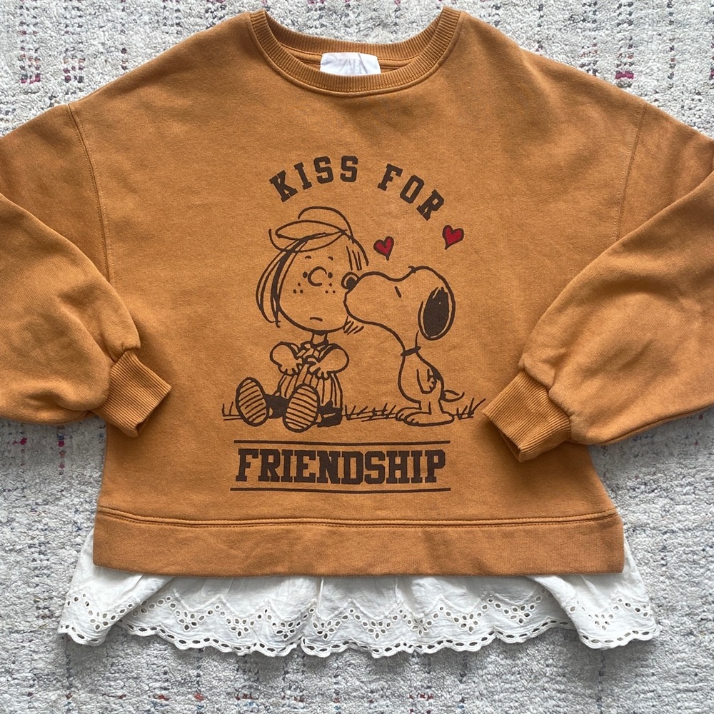Zara Kids' Snoopy love valentines Peanuts Sweatshirt with Lace Hem size 10